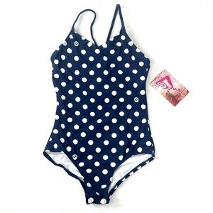 Kanu Surf Girls One Piece Swimsuit Size 12 Navy White Polka Dot Susie NWT
